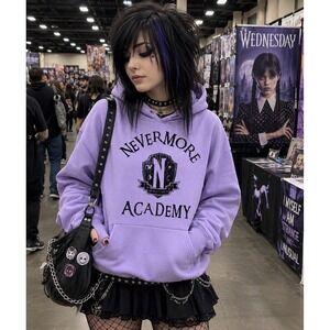 Wednesday Nevermore Academy Hoodie Women M Lavender Emo Goth Adams Family Jenna